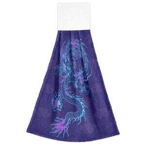 WELLDAY 2 Pcs Hanging Hand Towels Soft Absorbent Purple Chinese Dragon Towel for Kitchen Bathroom