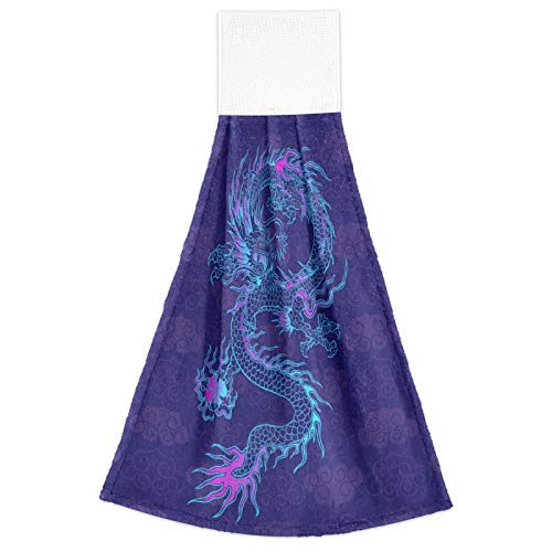WELLDAY 2 Pcs Hanging Hand Towels Soft Absorbent Purple Chinese Dragon Towel for Kitchen Bathroom