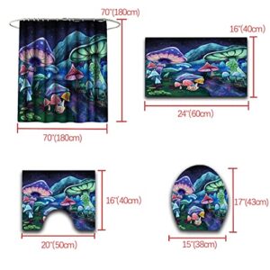 Kossmjx Mushrooms Shower Curtain Set 4 Pieces Fairy Forest Theme Fantasy Cartoon Curtain Set Girls Boys Teens Bathroom Decor Waterproof Polyester Curtains with 12 Hooks Toilet Rug Bath Mat, 70" x 70"