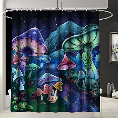 Kossmjx Mushrooms Shower Curtain Set 4 Pieces Fairy Forest Theme Fantasy Cartoon Curtain Set Girls Boys Teens Bathroom Decor Waterproof Polyester Curtains with 12 Hooks Toilet Rug Bath Mat, 70" x 70"