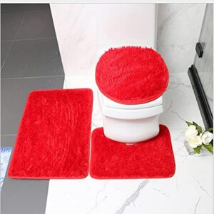 bathroom rugs sets 3 piece with toilet cover, bath mats for bathroom non slip, u-shaped contour toilet mat,ultra soft absorbent bath mat set, machine washable bath rugs for bathroom floor (red)