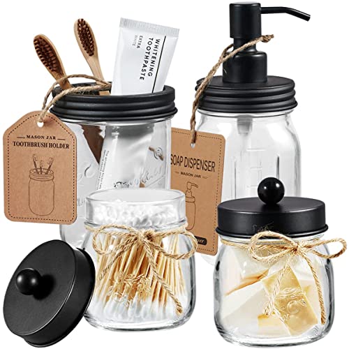 Mason Jar Bathroom Accessories Set 4 Pcs -Lotion Soap Dispenser & 2 Cotton Swab Holders & Toothbrush Holder - Rustic Farmhouse Decor, Bathroom Home Decor, Perfect Decorating Idea (Black)