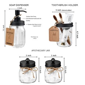 Mason Jar Bathroom Accessories Set 4 Pcs -Lotion Soap Dispenser & 2 Cotton Swab Holders & Toothbrush Holder - Rustic Farmhouse Decor, Bathroom Home Decor, Perfect Decorating Idea (Black)