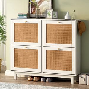 bolgto rattan shoe cabinet with 4 flip drawers, wooden shoe storage organizer cabinet for entryway slim, free standing rattan shoe rack with legs, shoe organizer for heels, boots, slippers (white)