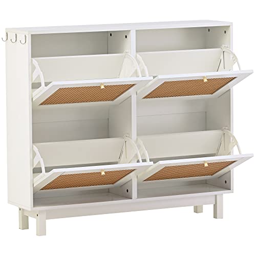 BOLGTO Rattan Shoe Cabinet with 4 Flip Drawers, Wooden Shoe Storage Organizer Cabinet for Entryway Slim, Free Standing Rattan Shoe Rack with Legs, Shoe Organizer for Heels, Boots, Slippers (White)