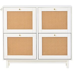 BOLGTO Rattan Shoe Cabinet with 4 Flip Drawers, Wooden Shoe Storage Organizer Cabinet for Entryway Slim, Free Standing Rattan Shoe Rack with Legs, Shoe Organizer for Heels, Boots, Slippers (White)