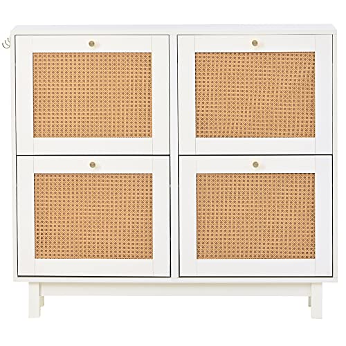 BOLGTO Rattan Shoe Cabinet with 4 Flip Drawers, Wooden Shoe Storage Organizer Cabinet for Entryway Slim, Free Standing Rattan Shoe Rack with Legs, Shoe Organizer for Heels, Boots, Slippers (White)