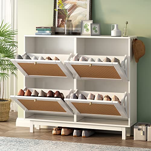 BOLGTO Rattan Shoe Cabinet with 4 Flip Drawers, Wooden Shoe Storage Organizer Cabinet for Entryway Slim, Free Standing Rattan Shoe Rack with Legs, Shoe Organizer for Heels, Boots, Slippers (White)