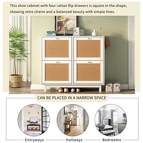 BOLGTO Rattan Shoe Cabinet with 4 Flip Drawers, Wooden Shoe Storage Organizer Cabinet for Entryway Slim, Free Standing Rattan Shoe Rack with Legs, Shoe Organizer for Heels, Boots, Slippers (White)