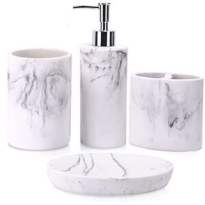 zccz bathroom accessory set, 4 pcs marble look bathroom vanity countertop accessory set bathroom décor sets accessories with soap dispenser bathroom toothbrush holder set, bathroom tumbler, soap dish