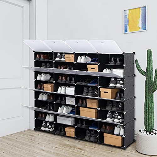 RPSRLS 8-Tier Portable 64 Pair Shoe Rack Organizer 32 Grids Tower Shelf Storage Cabinet Stand Expandable for Heels, Boots, Slippers, Black