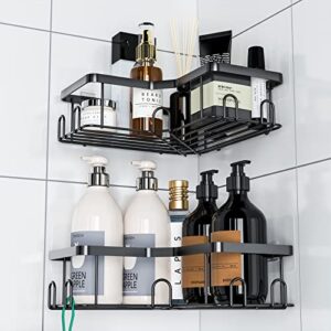 2 pack adhesive corner shower caddy, bathroom shower shelf with 20 hooks, no drilling rustproof stainless steel large capacity suction cup shower shelves organizer for toilet & kitchen storage, black