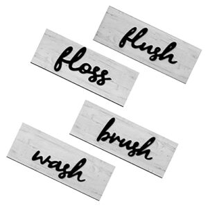 4 pieces farmhouse bathroom wall decors wash brush floss flush sign relax soak bathroom decoration card set, wall art old-fashioned wooden decorations for family laundry bathroom (white,10 x 3.7 inch)