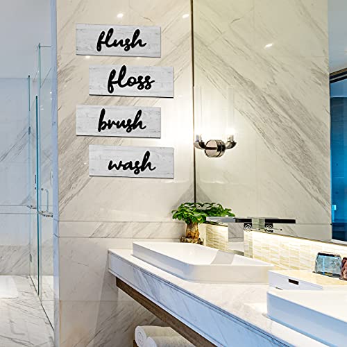 4 Pieces Farmhouse Bathroom Wall Decors wash brush floss flush sign Relax Soak Bathroom Decoration Card Set, Wall Art Old-Fashioned Wooden Decorations for Family Laundry Bathroom (White,10 x 3.7 Inch)