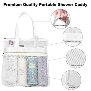 BEMISO Mesh Shower Caddy 11" height Portable Shower Bag with 2 Pockets Zipper Travel Shower Tote Bag Large Dorm Shower Caddy Basket Dorm Essentials for College Students Girls Shower Caddy(White)