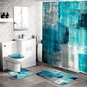 mitovilla 4 pcs teal blue bathroom sets with shower curtain and rugs, turquoise shower curtain sets with rugs for bathroom decor, ombre grunge bathroom decor curtain sets with mats and accessories