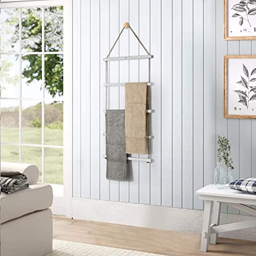 Towel Rack for Bathroom- 3.3-Foot Wall Hanging Whitewashed Wood & Rope Blanket Ladder with 5 Rungs for Farmhouse Room Decor (Whitewashed)
