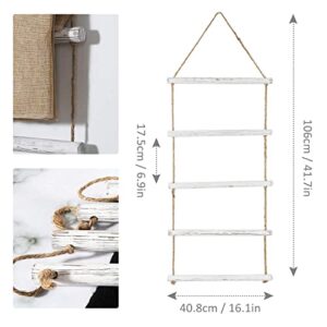Towel Rack for Bathroom- 3.3-Foot Wall Hanging Whitewashed Wood & Rope Blanket Ladder with 5 Rungs for Farmhouse Room Decor (Whitewashed)