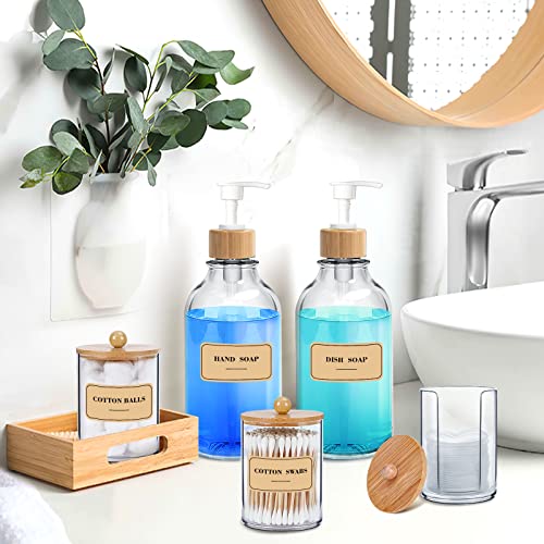 MIERTING Bathroom Accessories Set 5 Pcs, Bamboo Bathroom Accessory Sets Complete, Soap Dispenser and Toothbrush Holder Set, Qtip & Cotton Ball Holder, Boho Bathroom Decor, Housewarming Gift