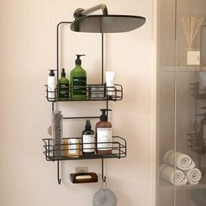 eaeregs shower caddy hanging over shower head, 2-1 black stainless steel shower shelf with 2 vintage hooks and 1 pack adhesive soap dishes (matte black)