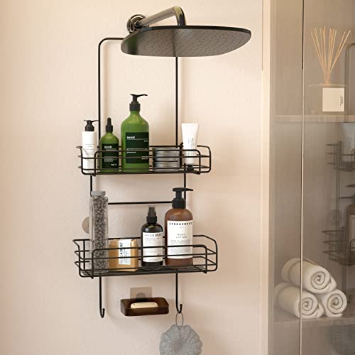 EAEREGS Shower Caddy Hanging Over Shower Head, 2-1 Black Stainless steel Shower Shelf With 2 Vintage Hooks and 1 Pack Adhesive Soap Dishes (Matte Black)