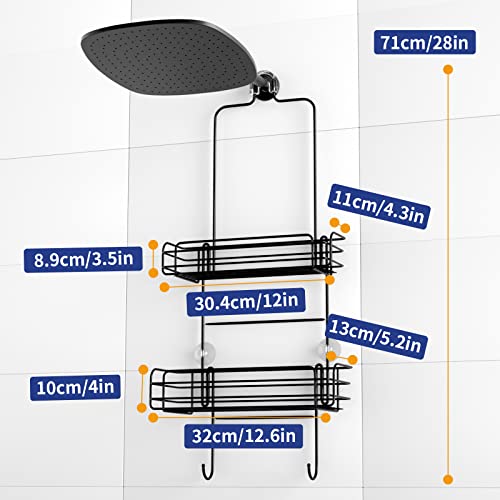 EAEREGS Shower Caddy Hanging Over Shower Head, 2-1 Black Stainless steel Shower Shelf With 2 Vintage Hooks and 1 Pack Adhesive Soap Dishes (Matte Black)