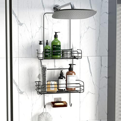 EAEREGS Shower Caddy Hanging Over Shower Head, 2-1 Black Stainless steel Shower Shelf With 2 Vintage Hooks and 1 Pack Adhesive Soap Dishes (Matte Black)