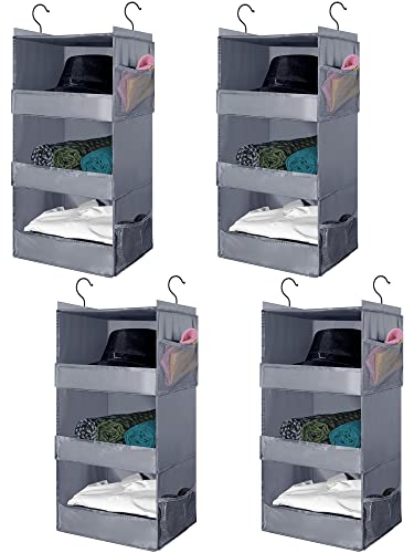 4 Pieces 3 Shelf Hanging Closet Organizer Collapsible Closet Hanging Shelves Gray Closet Shelves with Side Pocket for Bedroom Living Room Baby Nursery Camper Accessories, 28 x 11.8 x 11.8 Inch