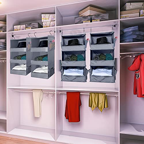4 Pieces 3 Shelf Hanging Closet Organizer Collapsible Closet Hanging Shelves Gray Closet Shelves with Side Pocket for Bedroom Living Room Baby Nursery Camper Accessories, 28 x 11.8 x 11.8 Inch