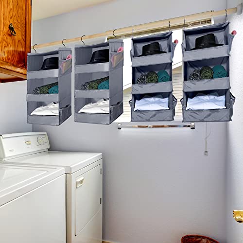 4 Pieces 3 Shelf Hanging Closet Organizer Collapsible Closet Hanging Shelves Gray Closet Shelves with Side Pocket for Bedroom Living Room Baby Nursery Camper Accessories, 28 x 11.8 x 11.8 Inch