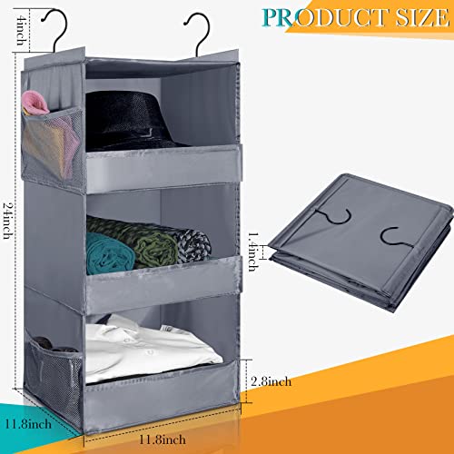 4 Pieces 3 Shelf Hanging Closet Organizer Collapsible Closet Hanging Shelves Gray Closet Shelves with Side Pocket for Bedroom Living Room Baby Nursery Camper Accessories, 28 x 11.8 x 11.8 Inch