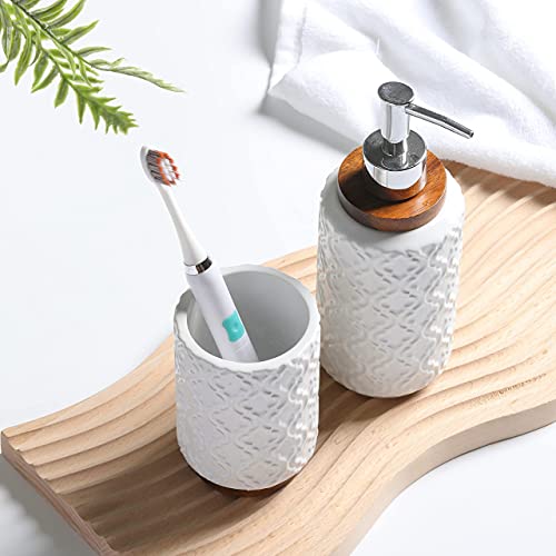 RQYIXI Bathroom Accessories Set 4 Pcs Toothbrush Holder Soap Dispenser Set Ceramic and Wood Bathroom Set Contain Toothbrush Cup Soap Dispenser Soap Dish Tumbler