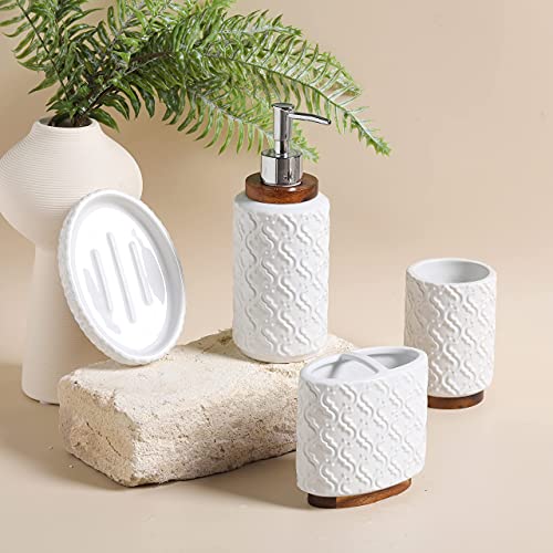 RQYIXI Bathroom Accessories Set 4 Pcs Toothbrush Holder Soap Dispenser Set Ceramic and Wood Bathroom Set Contain Toothbrush Cup Soap Dispenser Soap Dish Tumbler