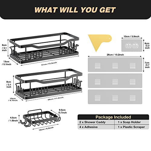 RTOGM 3-Pack Shower Caddy Shelf, Adhesive Shower Shelves No Drilling, Bathroom Shower Organizer, Rustproof Storage Racks for Inside Shower Wall, Shampoo & Soap Organization Holder - Black