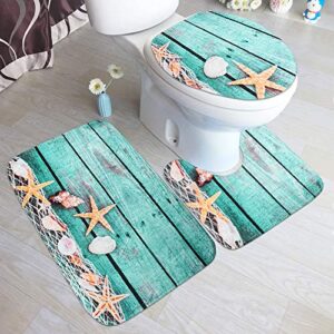 3 Piece Bath Rugs Mat Set, Bath Mat for Bathroom, Bathroom Mats Rugs Flannel Mats, Machine Washable Carpets Floor Mat for Bathroom Kitchen, Tub Toilet Contour Mat Lid Cover, Beach Starfish Decorations