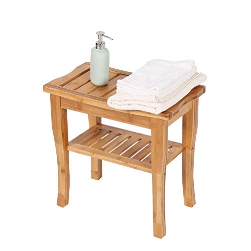 kinbor Bamboo Shower Bench Bathroom Bench Seat with Shelf Bathroom Seat Stool Spa Bath Organizer