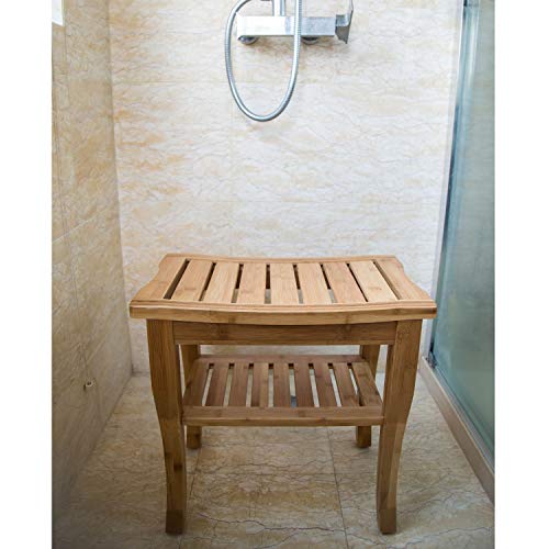 kinbor Bamboo Shower Bench Bathroom Bench Seat with Shelf Bathroom Seat Stool Spa Bath Organizer