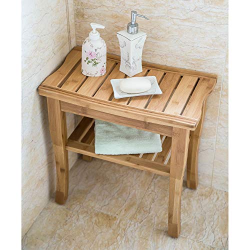 kinbor Bamboo Shower Bench Bathroom Bench Seat with Shelf Bathroom Seat Stool Spa Bath Organizer
