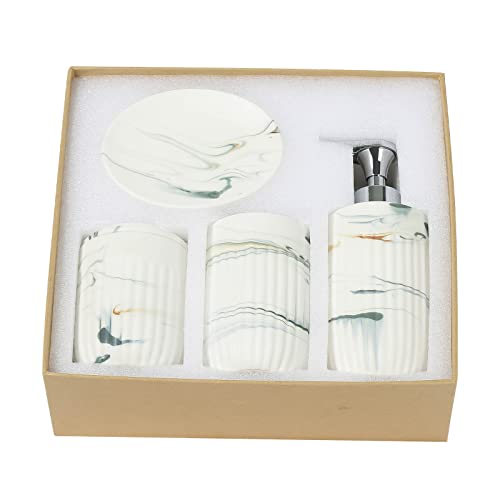 Bathroom Accessories Set with Grey Marble Look Ink White, Toothbrush Holder, Canister, Soap Dispenser, Soap Dish, Modern Bathroom Decoration,Ceramic High Grade Gift Packaging for Women and Men.