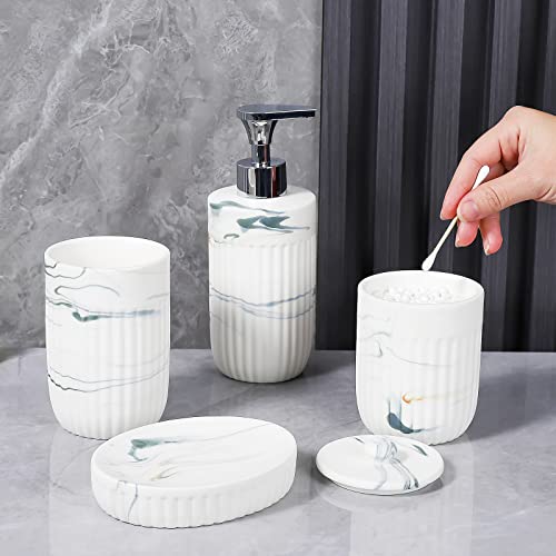 Bathroom Accessories Set with Grey Marble Look Ink White, Toothbrush Holder, Canister, Soap Dispenser, Soap Dish, Modern Bathroom Decoration,Ceramic High Grade Gift Packaging for Women and Men.