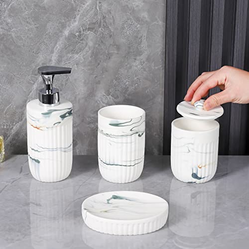 Bathroom Accessories Set with Grey Marble Look Ink White, Toothbrush Holder, Canister, Soap Dispenser, Soap Dish, Modern Bathroom Decoration,Ceramic High Grade Gift Packaging for Women and Men.