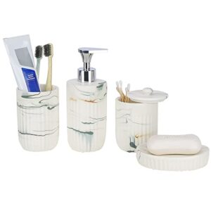 Bathroom Accessories Set with Grey Marble Look Ink White, Toothbrush Holder, Canister, Soap Dispenser, Soap Dish, Modern Bathroom Decoration,Ceramic High Grade Gift Packaging for Women and Men.