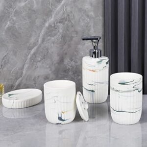 Bathroom Accessories Set with Grey Marble Look Ink White, Toothbrush Holder, Canister, Soap Dispenser, Soap Dish, Modern Bathroom Decoration,Ceramic High Grade Gift Packaging for Women and Men.