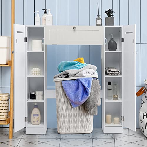 Giantex Over-The-Toilet Storage Cabinet - Freestanding Toilet Organizer with Doors, Adjustable Shelves & Toilet Paper Holders, Versatile Storage Rack Space Saver for Bathroom Laundry Room (White)