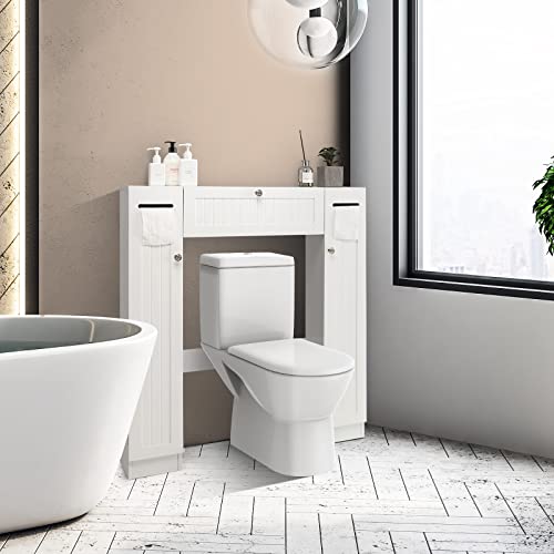 Giantex Over-The-Toilet Storage Cabinet - Freestanding Toilet Organizer with Doors, Adjustable Shelves & Toilet Paper Holders, Versatile Storage Rack Space Saver for Bathroom Laundry Room (White)