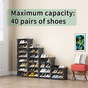 KOUSI 40-Pairs Shoe Rack for Entryway Shoe Storage Space Saver Plastic Shoe Organizer Narrow Standing Expandable for Heels, Boots, Slippers,Black