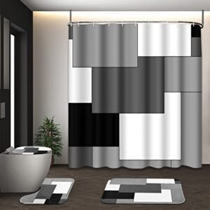 tayney grey geometric shower curtain sets with toilet lid cover and non-slip rugs for bathroom, black white checkered 4 pcs shower curtain set, modern abstract bathroom set with 12 hooks