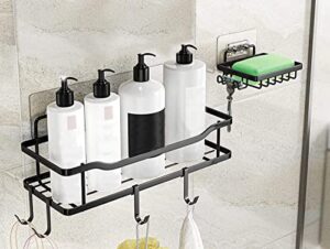 rigel star shower caddy with soap dish + 4hooks, adhesive organizer, no drilling shelf, rustproof stainless steel rack with soap dish for bathroom and kitchen storage, matte black