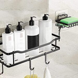 RIGEL STAR Shower Caddy with Soap Dish + 4Hooks, Adhesive Organizer, No Drilling Shelf, Rustproof Stainless Steel Rack With Soap Dish for Bathroom and Kitchen Storage, Matte Black