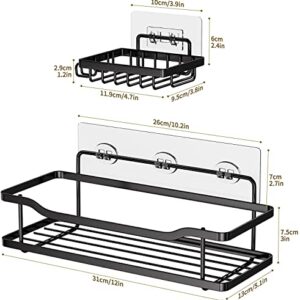 RIGEL STAR Shower Caddy with Soap Dish + 4Hooks, Adhesive Organizer, No Drilling Shelf, Rustproof Stainless Steel Rack With Soap Dish for Bathroom and Kitchen Storage, Matte Black